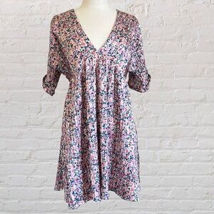 Lulu's Multicolor Floral Dress with Short Sleeves and Pleated Details